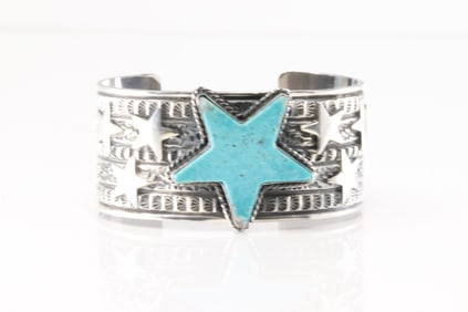 Native America Navajo Sterling Silver Kingman Turquoise Star Bracelet Cuff By Sunshine Reeves.