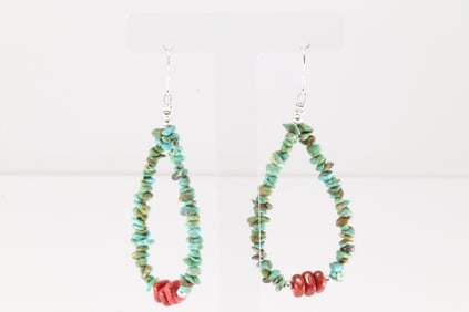 Native America Navajo Sterling Silver Coral & Turquoise Dangling Earring's.