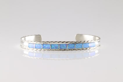 Native America Navajo Sterling Silver Blue Opal Inlay Bracelet By J.P.C.