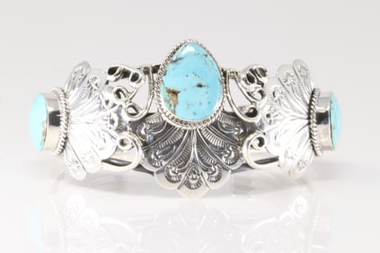 Native America Navajo Sterling Silver Turquoise Bracelet Cuff By Emerson Delgarito.