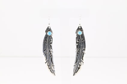 Native America Navajo Sterling Silver Turquoise Feather Dangling Earring's By T&R Singer.
