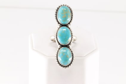 Native America Navajo Sterling Silver Kingman Turquoise Ring 3 Stone By A.M.