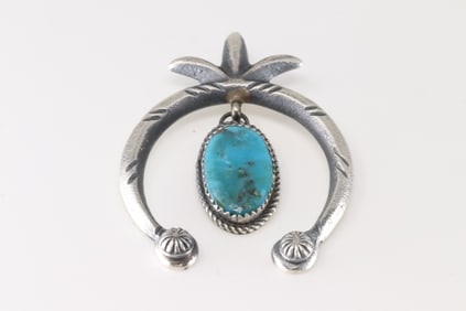 Native America Navajo Sterling Silver Kingman Turquoise Naja Pendant By M.C.