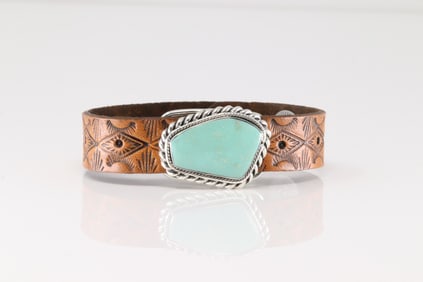 Native America Navajo Sterling Silver Turquoise Leather Bracelet Cuff By Mike Smith.