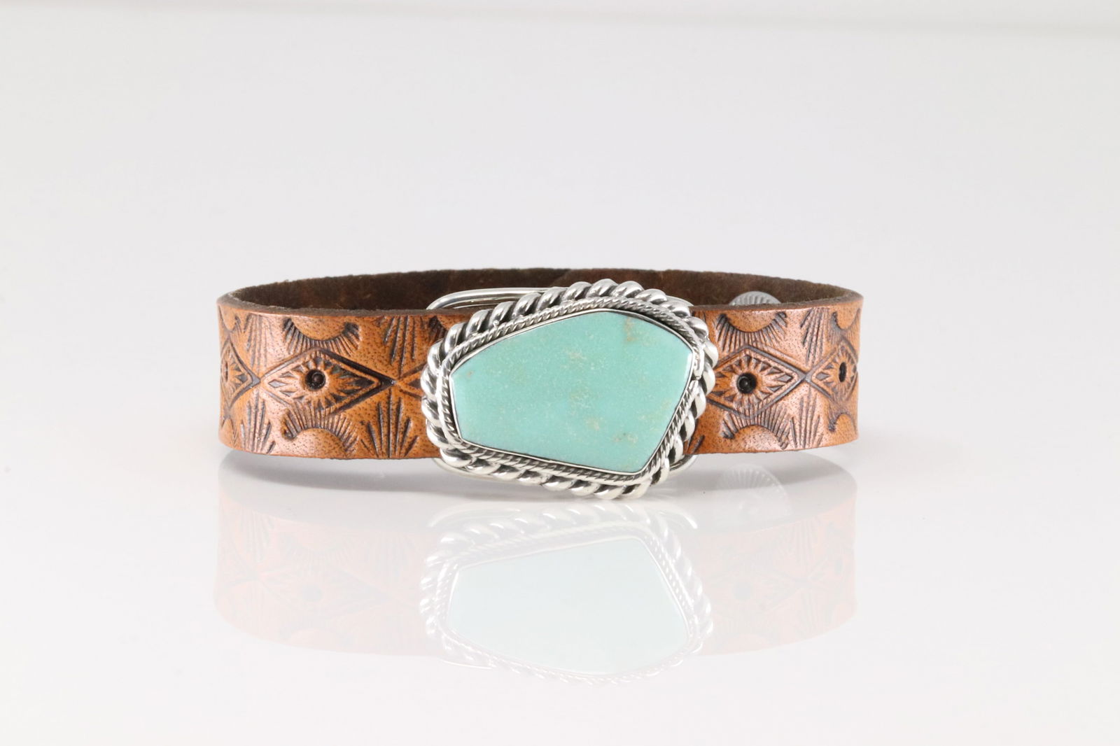 Native America Navajo Sterling Silver Turquoise Leather Bracelet Cuff By Mike Smith.: This is a Native America Navajo Sterling Silver Turquoise Leather Bracelet Cuff By Mike Smith.