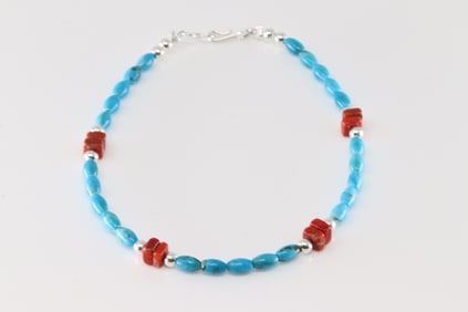 Native America Navajo Sterling Silver Coral & Turquoise Bracelet Link.