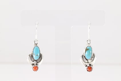 Native America Navajo Sterling Silver Coral & Turquoise Dangling Earring's By Robert Martinez.