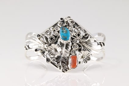 Native America Navajo Sterling Silver Coral & Turquoise Floral Bracelet Cuff By Harry B.Yazzie.