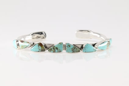 Native America Navajo Sterling Silver Turquoise Bracelet Cuff By Sadie Jim.