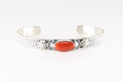 Native America Navajo Sterling Silver Coral Bracelet Cuff By M.Spencer.