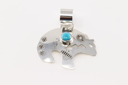 Native America Navajo Sterling Silver Turquoise Bear Pendant By Jeff James Jr.