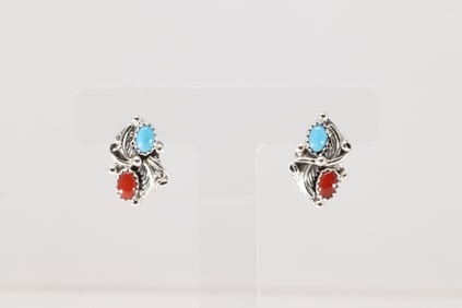 Native America Navajo Sterling Silver Coral & Turquoise Post Earring's By Robert Ramirez.