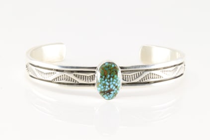 Native America Navajo Sterling Silver Kingman Turquoise Bracelet Cuff By B.Morgan.