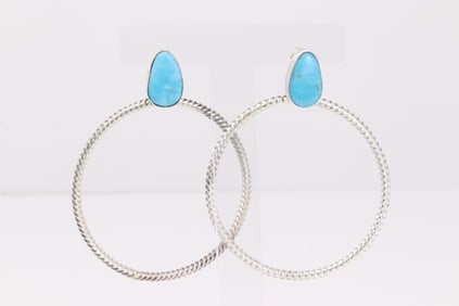 Native America Navajo Sterling Silver Turquoise Hoop Earring's By Verley Betone.