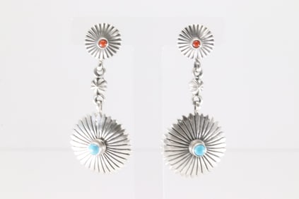 Native America Navajo Sterling Silver Coral & Turquoise Post / Dangling Earring's By Verley Betone.