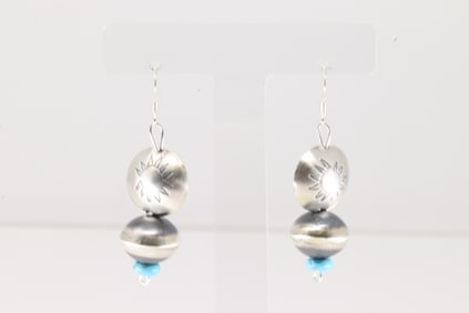 Native America Navajo Sterling Silver Turquoise / Pearl Beaded Dangling Earring's By Tylena Nez.