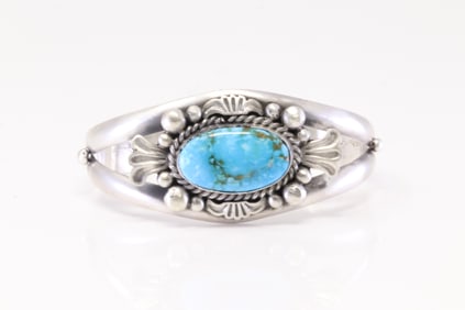 Native American Navajo Sterling Silver Kingman Turquoise Bracelet Cuff By Jimmy Lee.