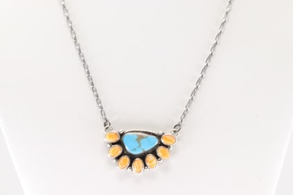 Native American Navajo Sterling Silver Spiny Oyster & Turquoise Necklace By Geraldine James.