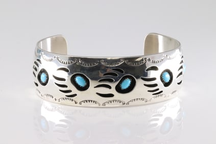 Native American Navajo Sterling Silver Bear Paw Turquoise Bracelet By Pearlene Spencer Talley.