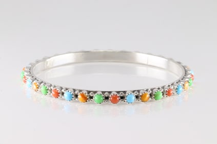 Native American Navajo Sterling Silver Multi-Color Stone Bangle Bracelet By Gaynell Parker.