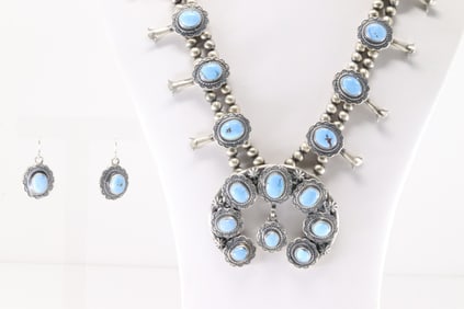 Native American Navajo Sterling Silver Golden Hill Turquoise Squash Blossom Necklace & Earring's Set