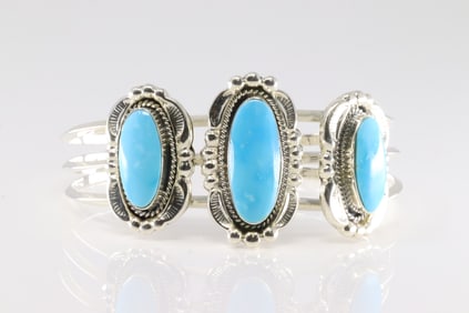 Native America Navajo Sterling Silver Turquoise Bracelet Cuff By Irvin Tsosie.