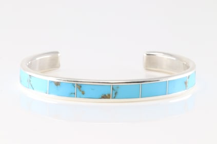 Native America Zuni Sterling Silver Kingman Turquoise Inlay Bracelet By Lawrence Loretto.