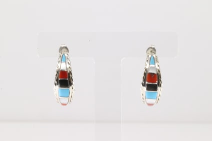 Native America Zuni Sterling Silver Multi-Color Stone Inlay Hoop Earring's By Malcolm Chavez.