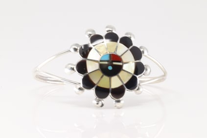Native America Zuni Sterling Silver Multi-Color Stone Inlay Bracelet Cuff By Pauline Lonjose.
