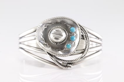 Native America Navajo Sterling Silver Turquoise Cowboy Hat Bracelet Cuff By Bobby Platero.