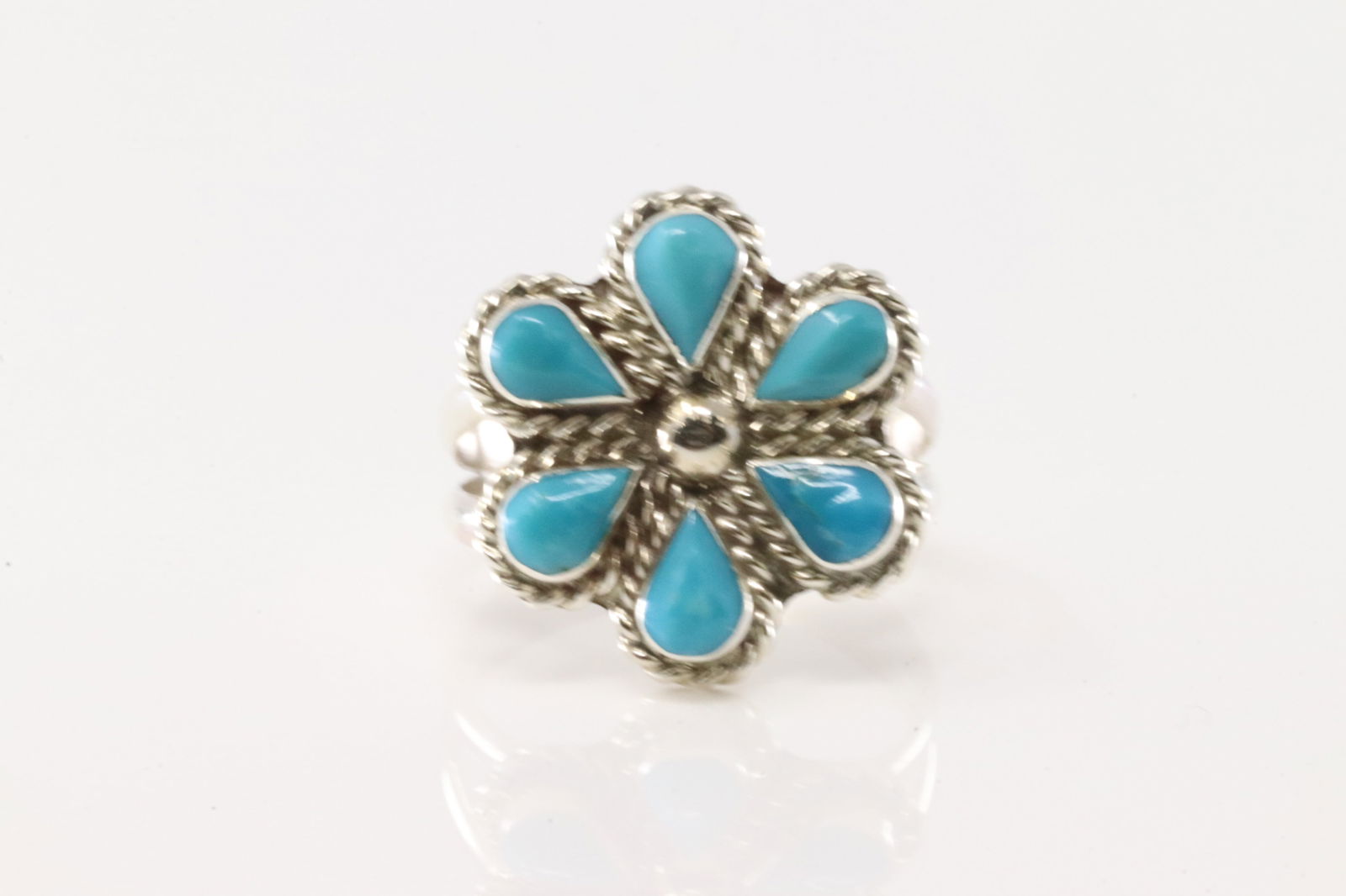 Native America Zuni Sterling Silver Turquoise Flower Ring By G.D. (1 of 4)