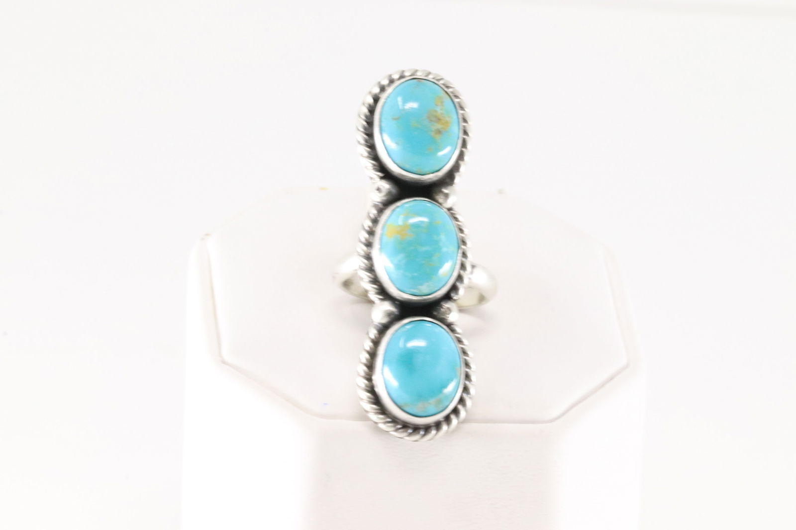 Native America Navajo Sterling Silver Kingman Turquoise Ring 3 Stone By A.M. (1 of 4)