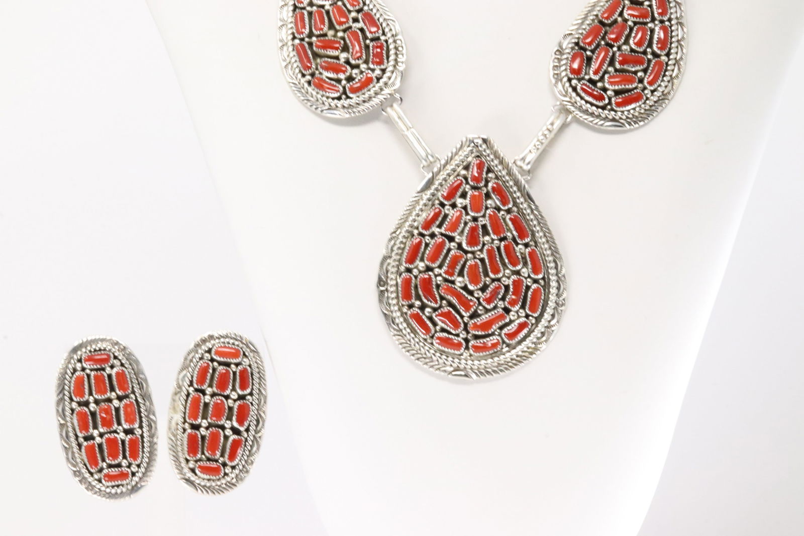 Native America Navajo Sterling Silver Coral Necklace & Earring's Set By M.H. (1 of 6)