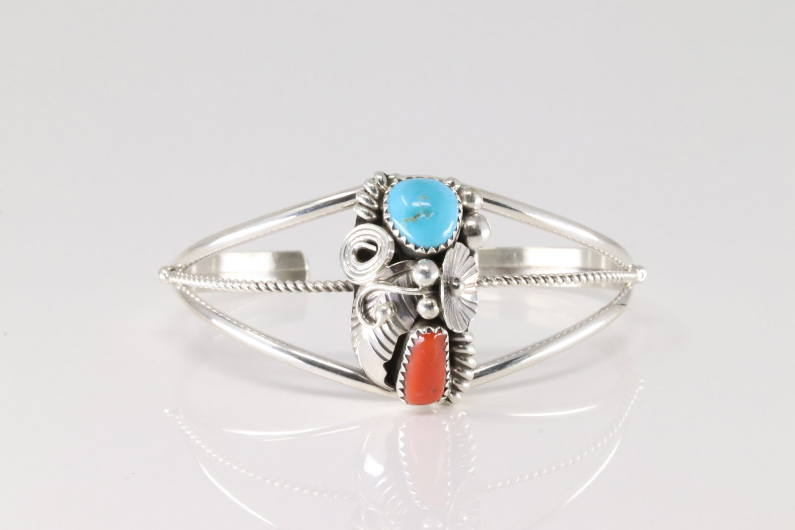 Native America Navajo Sterling Silver Coral & Turquoise Bracelet Cuff By Max Calladitto.: This is a Native America Navajo Sterling Silver Coral & Turquoise Bracelet Cuff By Max Calladitto.