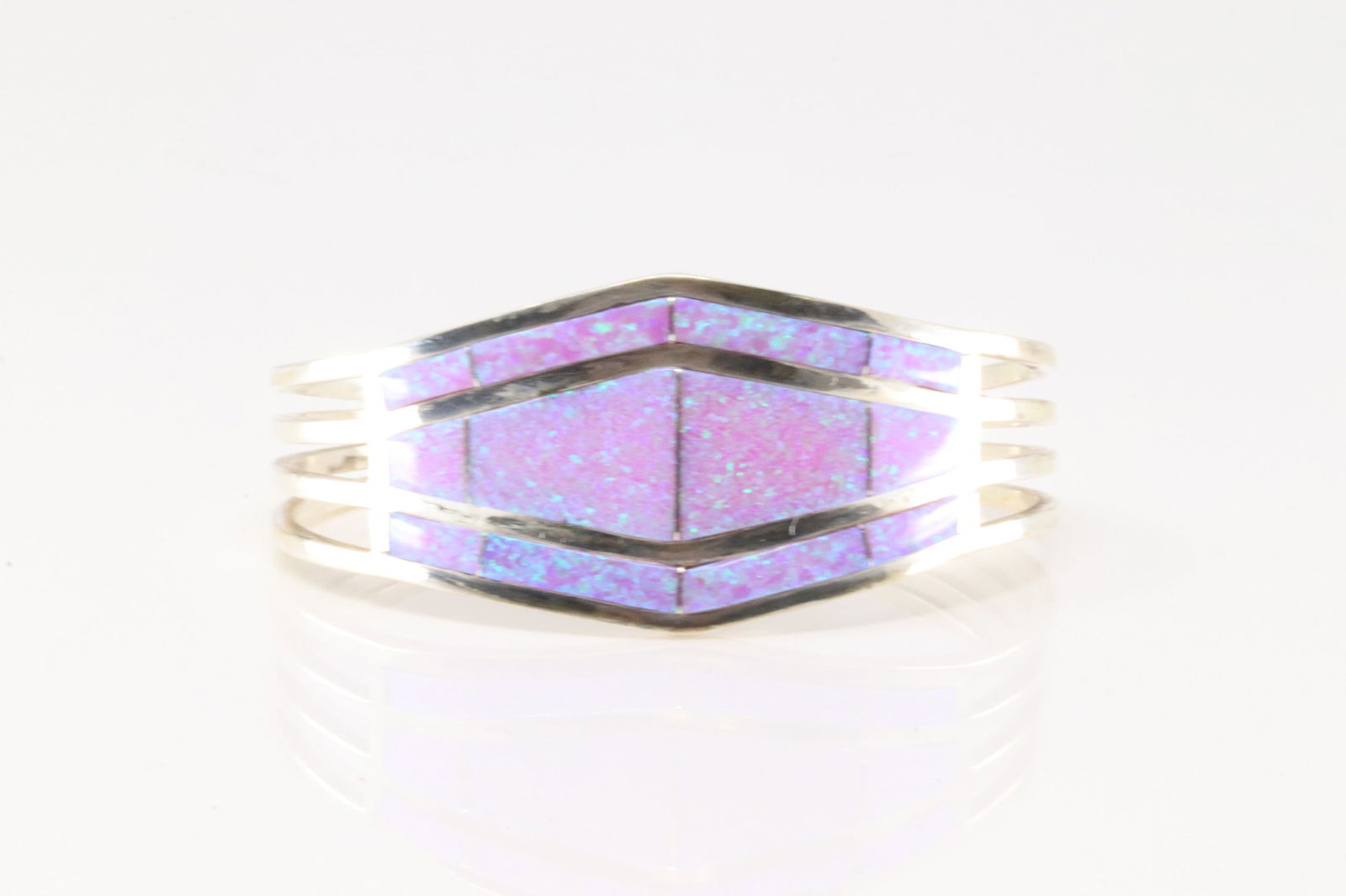 Native America Navajo Sterling Silver Synthetic Pink Opal Inlay Bracelet By A.E. (1 of 4)