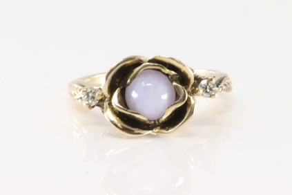Lavander Jade Stone & Diamond Flower Ring 14Kt.