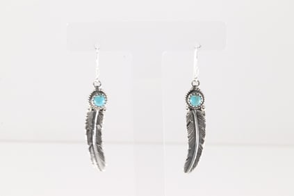 Native America Navajo Sterling Silver Turquoise Feather Dangling Earring's y Sharon McCarthy.