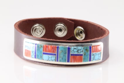 Native America Navajo Sterling Silver Multi-Color Stone Inlay Leather Bracelet By Edison Yazzie.