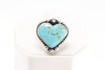 Native America Navajo Sterling Silver Kingman Turquoise Heart Ring By Donovan Skeet.