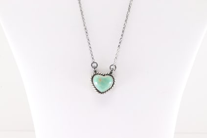 Native America Navajo Sterling Silver Kingman Turquoise Heart Necklace By Johnny Dixon.