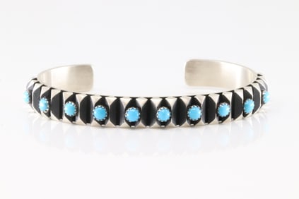 Native America Navajo Sterling Silver Kingman Turquoise Bracelet Cuff By L.Tahe.