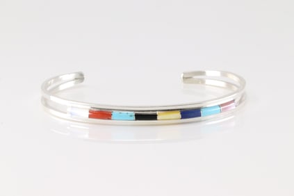 Native America Zuni Sterling Silver Multi-Color Stone Inlay Bracelet By A.L.W.
