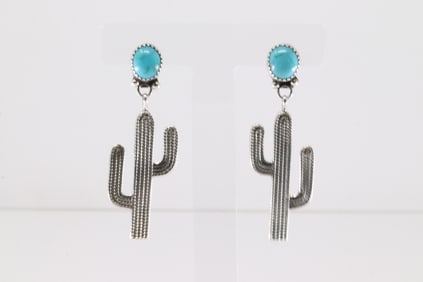 Native America Navajo Sterling Silver Turquoise Cactus Post / Dangling Earring's By Annie Spencer.