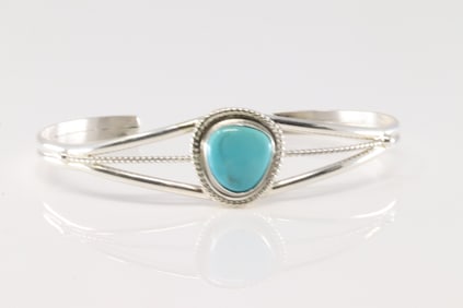 Native America Navajo Sterling Silver Turquoise Bracelet Cuff By P.Skeet.
