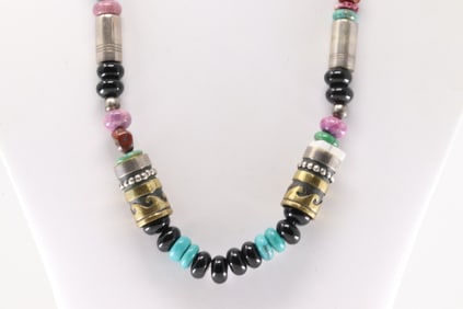Native America Navajo Sterling Silver Multi-Color Stone Beaded Necklace.