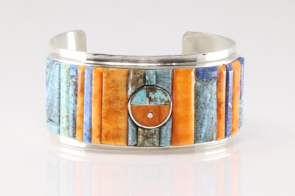 Native America Navajo Sterling Silver Multi-Color Stone Inlay Bracelet Cuff By H.Smith.