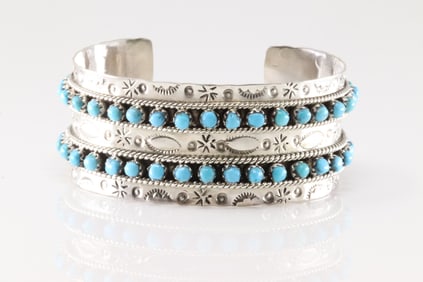 Native America Zuni Sterling Silver Turquoise Bracelet Cuff By P.Ukestine.