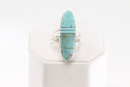 Native America Navajo Sterling Silver Turquoise Inlay Ring By H.Smith.