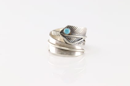 Native America Navajo Sterling Silver Turquoise Feather Ring By C.C.