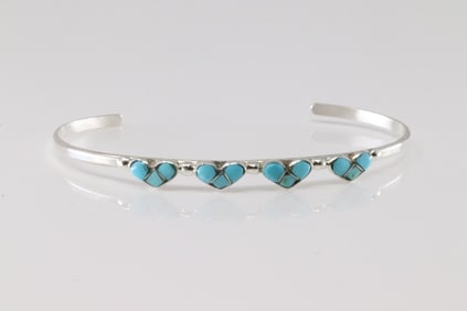 Native America Zuni Sterling Silver Turquoise Inlay Bracelet Cuff.